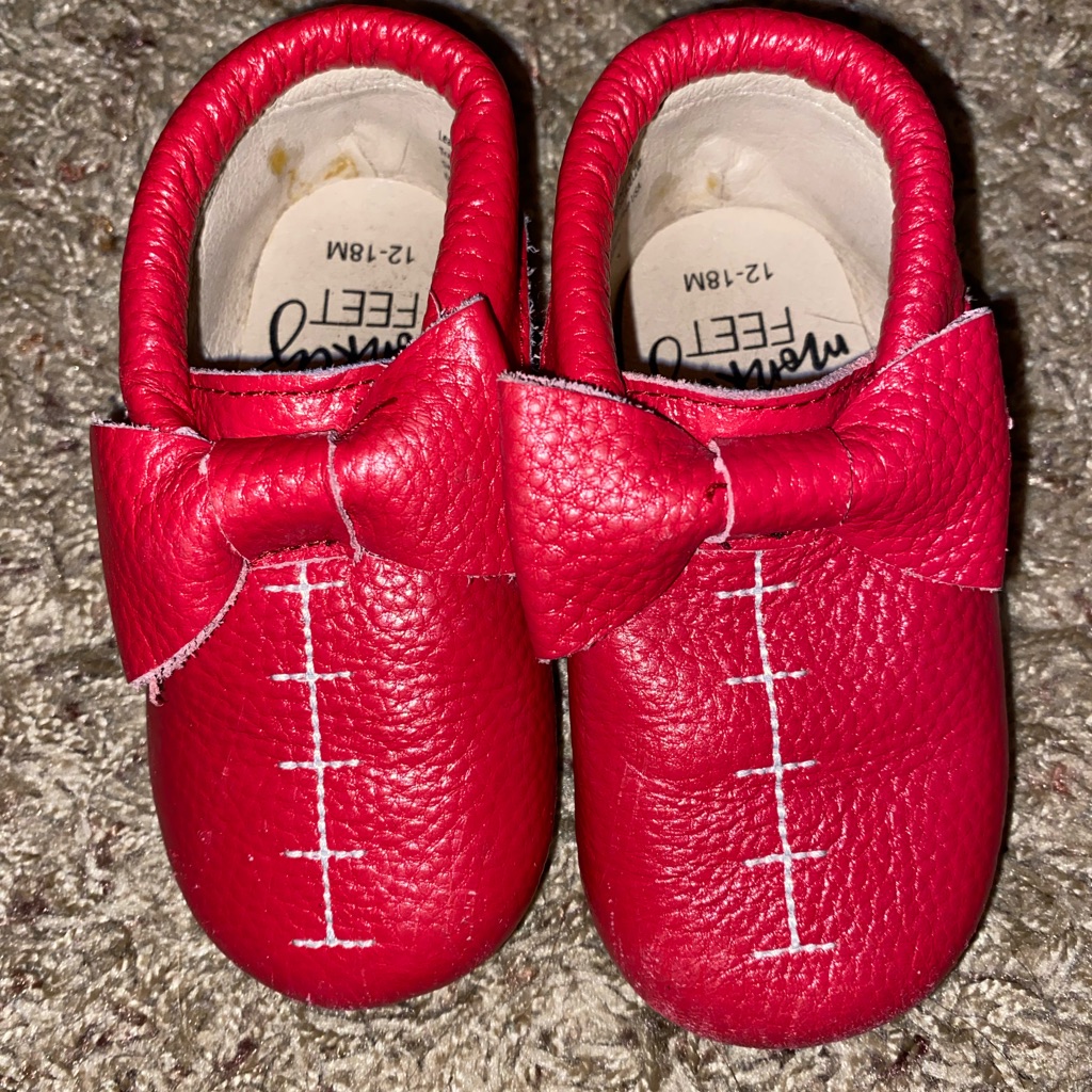 Red Football Bow Moccasin Style Leather Monkey Feet Brand Hard Bottom Red Football Bow Moccasin Style Leather Monkey Feet Brand Hard Bottom